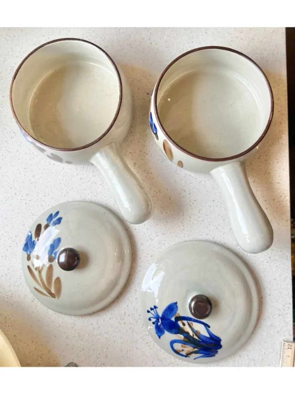 Ceramic Soup Bowls Lids & Handles Speckled Gray Blue Floral Ovenproof Set Of 2